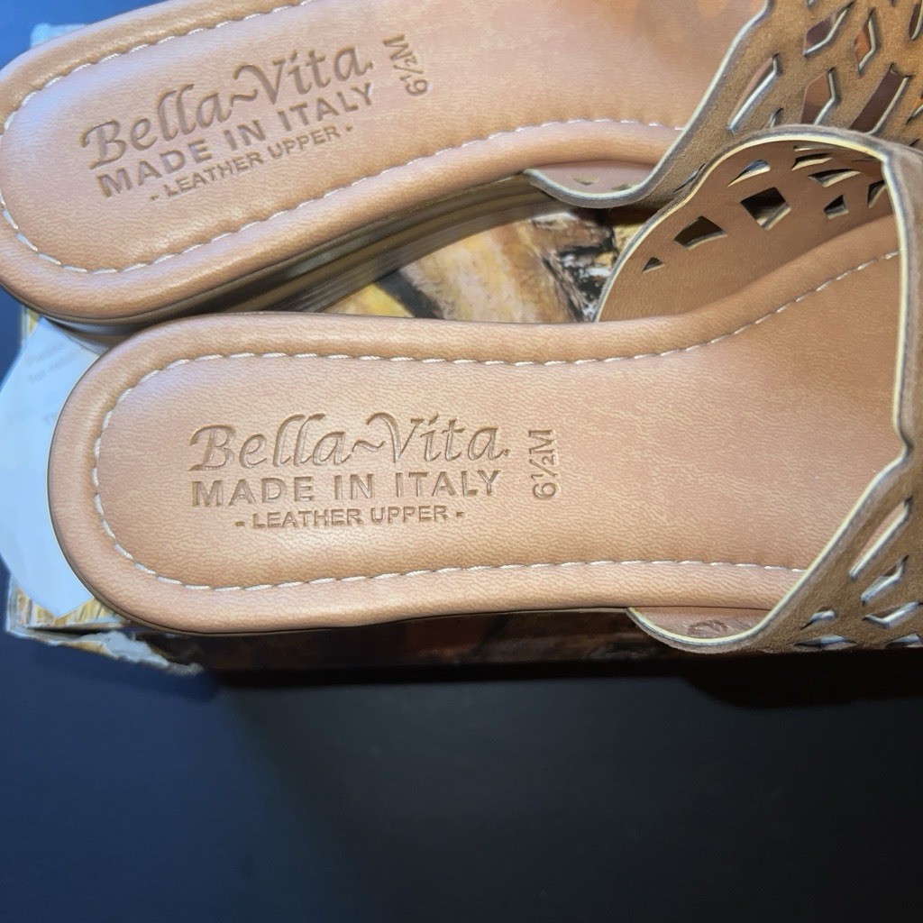 Bella-Vita Women’s Brown Leather Laser Cut Slide Sandals Slip On US 6.5 M