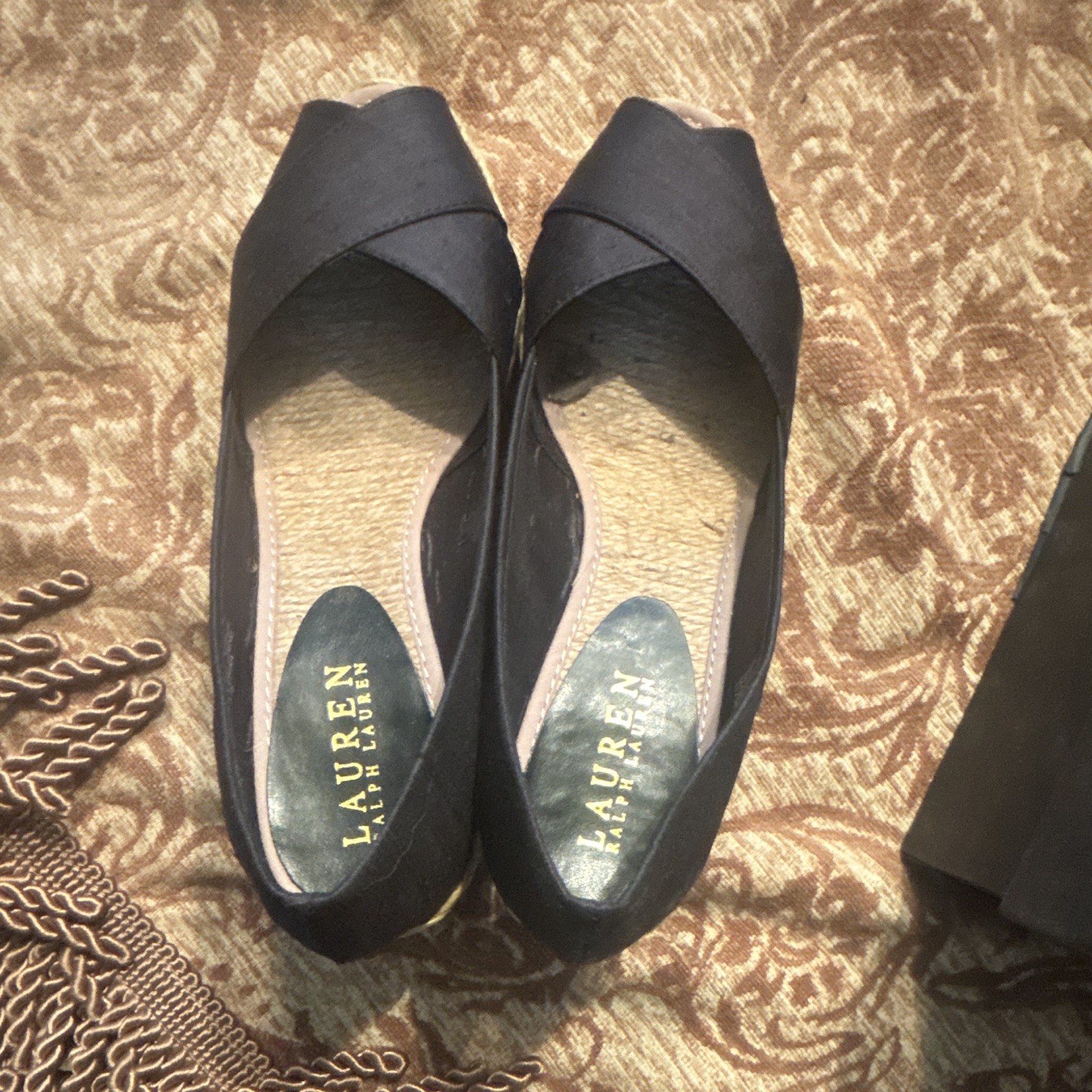 Ralph Lauren Black Leather Peep Toe Wedge Slip-On Heels 6.5B 37.5 Women’s