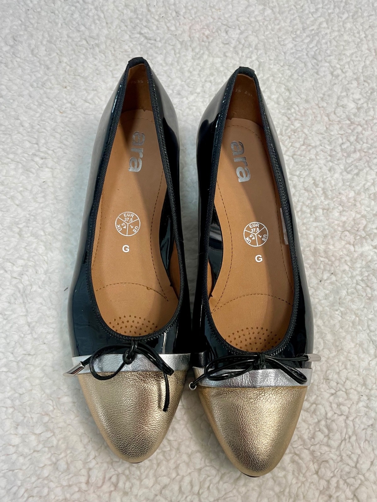 Ara Black Patent Leather Pointed Toe Flats Gold Cap Toe Women’s EU 37.5 G Wide