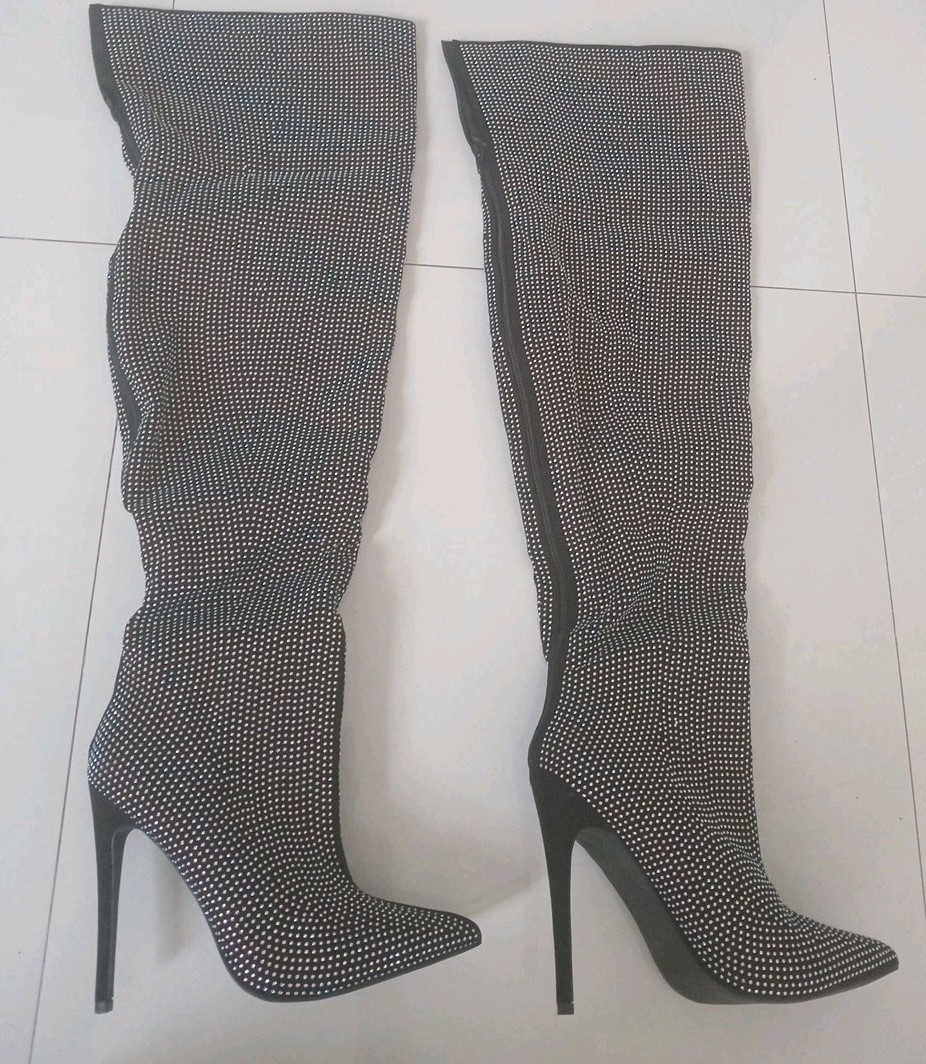 ShoeDazzle Charmed Black Over the Knee Boots iridescent rhineston Women’s Sz 12