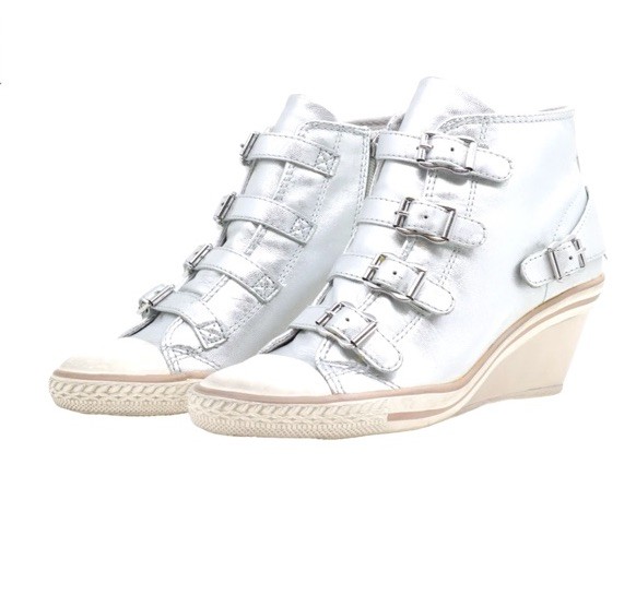 Vtg Ash Silver Leather High Top Wedge Sneakers High Heel Buckle Streetwear Shoes