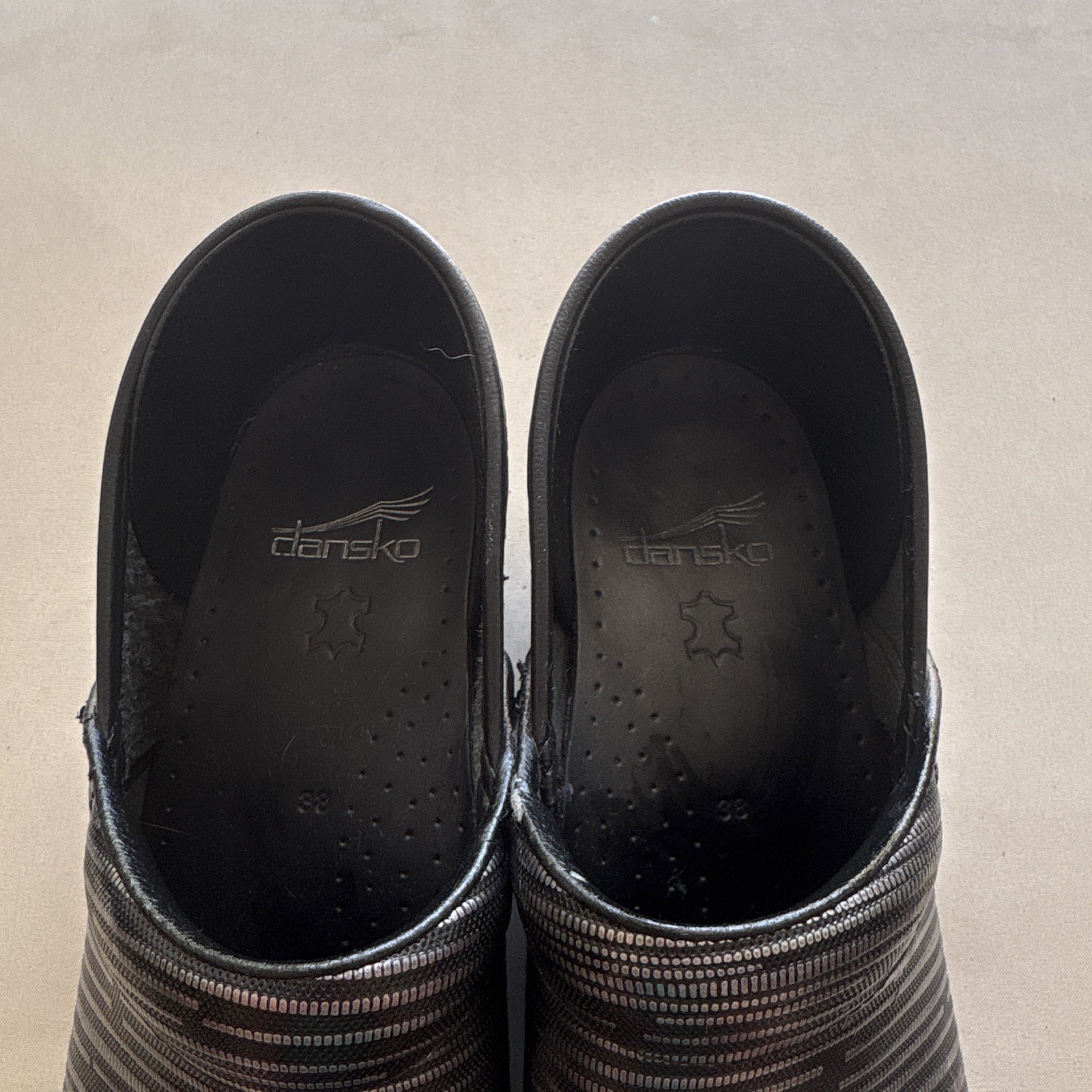 Dansko Professional Leather Striped Black/Gray Slip-On Clogs EU39 US8