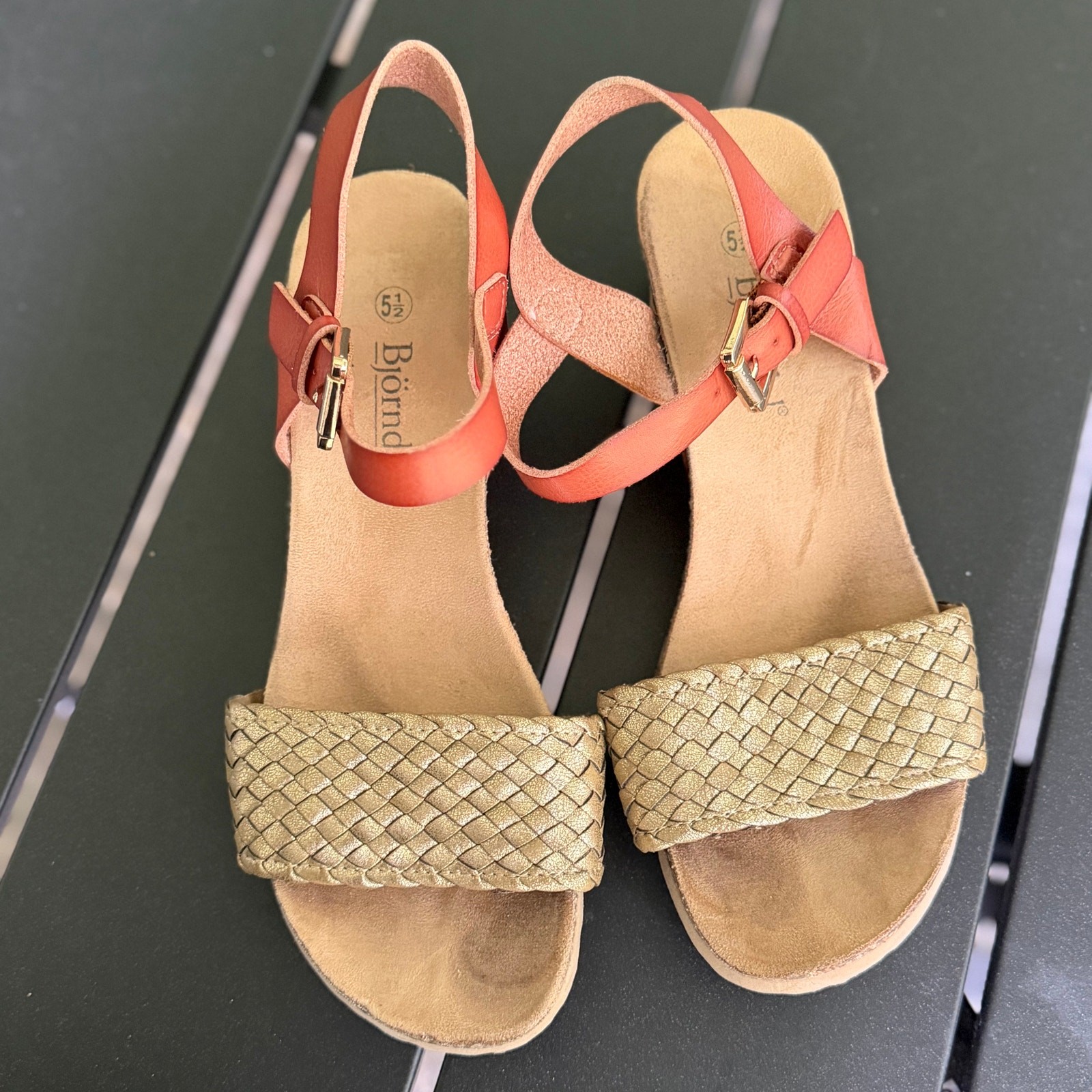 Bjorndal Womens Cork Wedge Sandals Orange Coral Ankle Strap Platform Heel [Size]