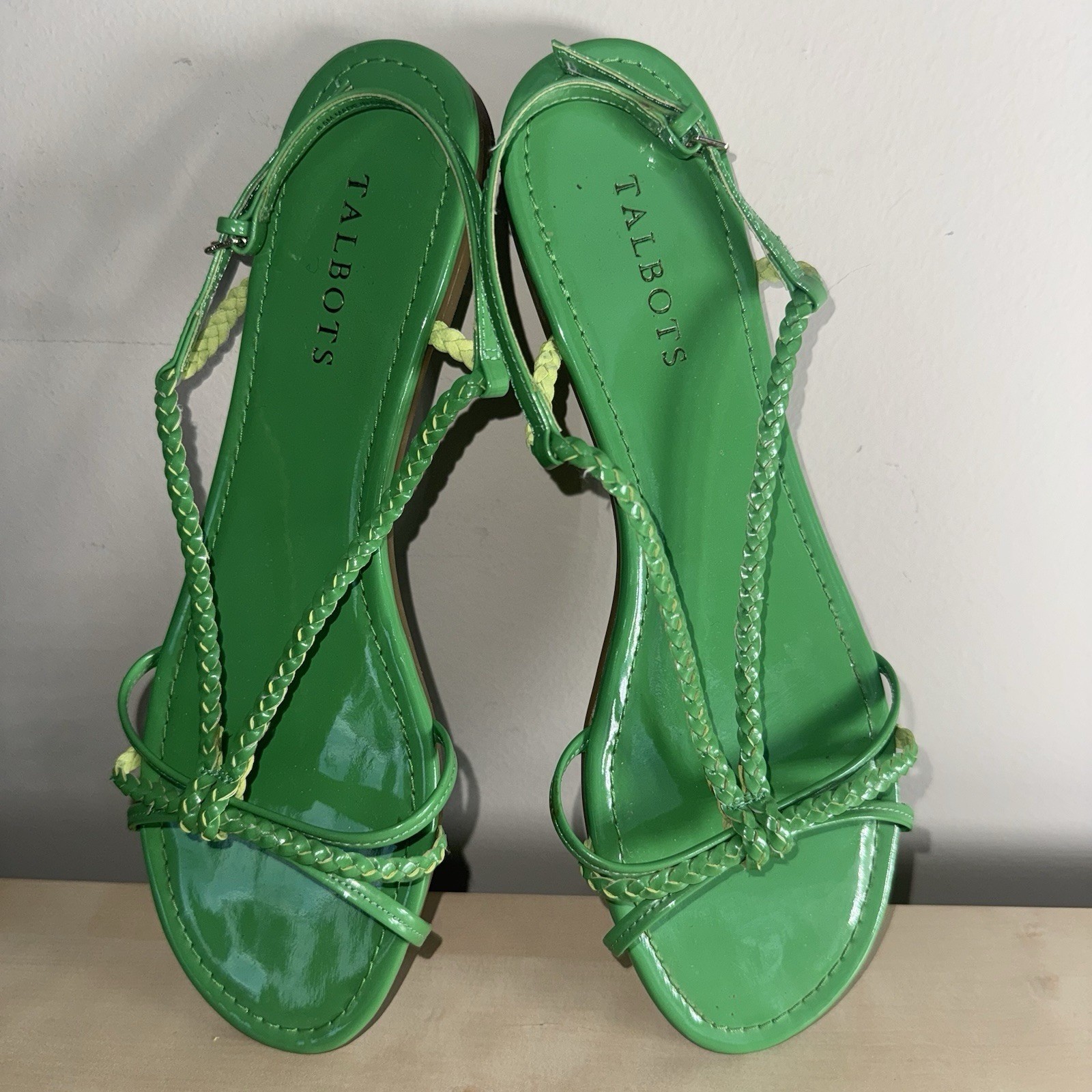 Talbots Sandals Kelly Green Patent Leather Braided Straps Women’s 8.5 Slingback