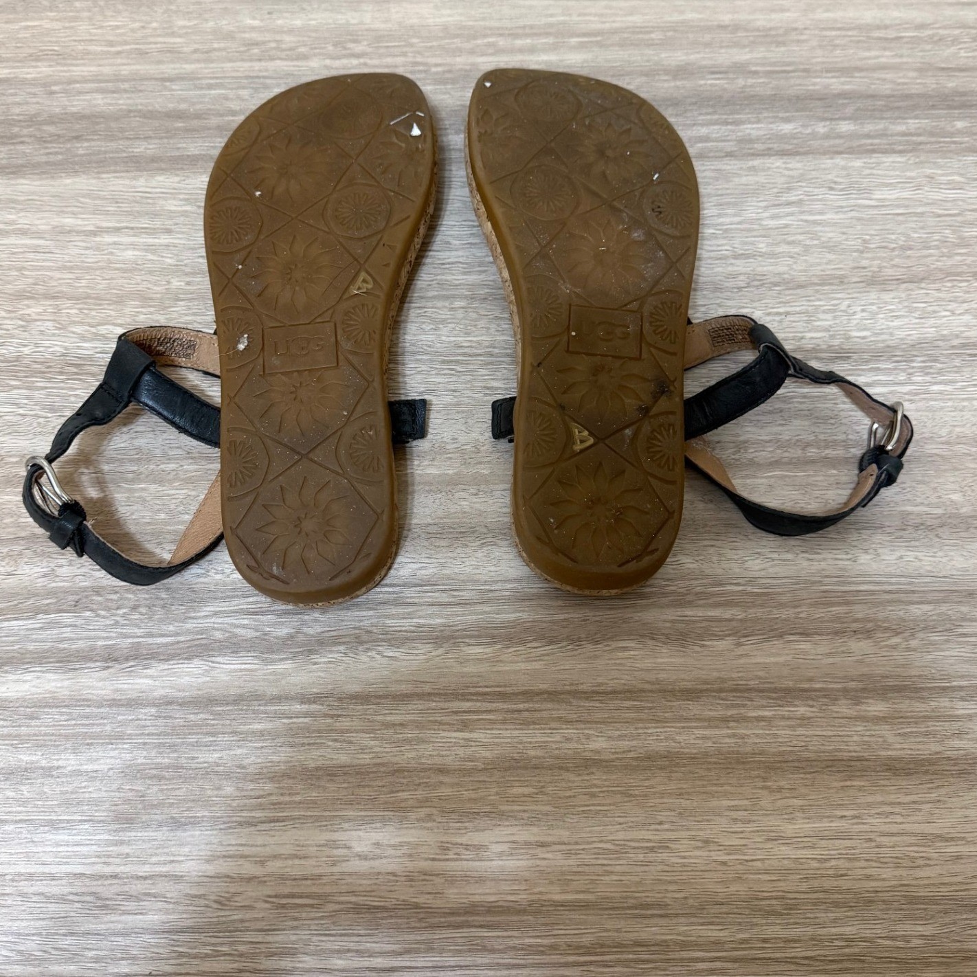UGG Women Kari T-Strap Sandals 6.5 Black Leather Cork Flat 1112677 Boho Summer