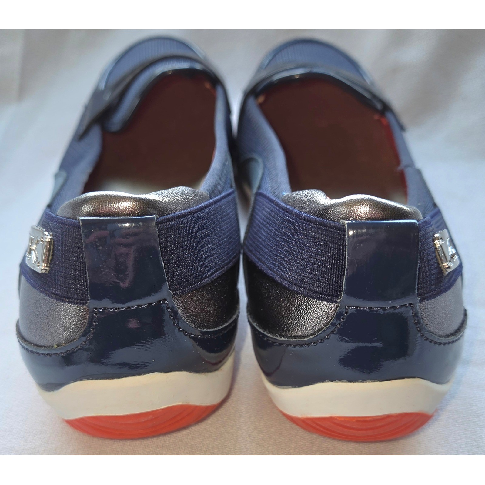 Anne Klein Sport Welcome Navy Blue Patent Textile Penny Loafers Shoes 8.5M