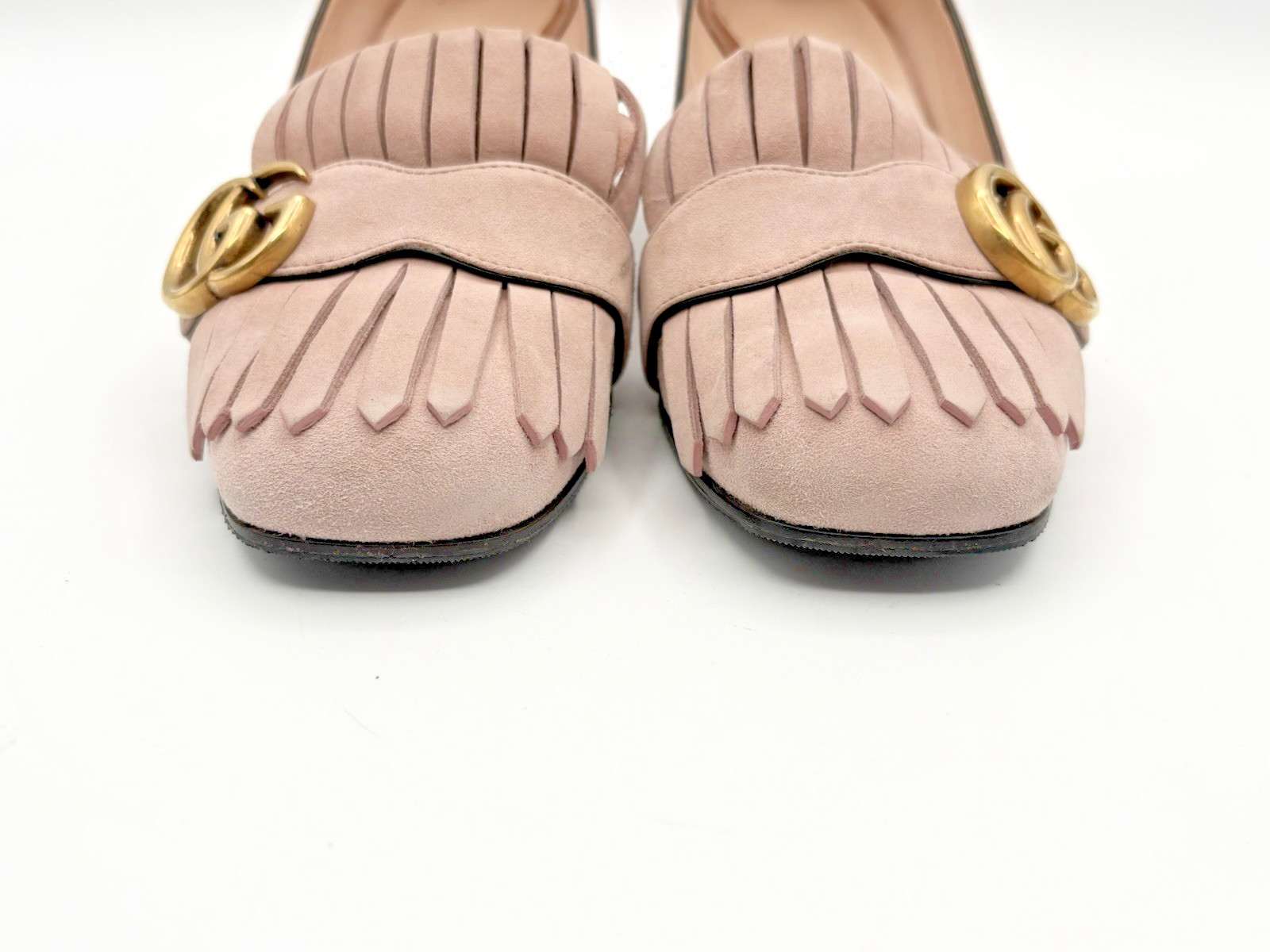 Gucci Pink Suede Fringe Marmont GG Logo Block Heel Low Heel Pumps Size EU 37