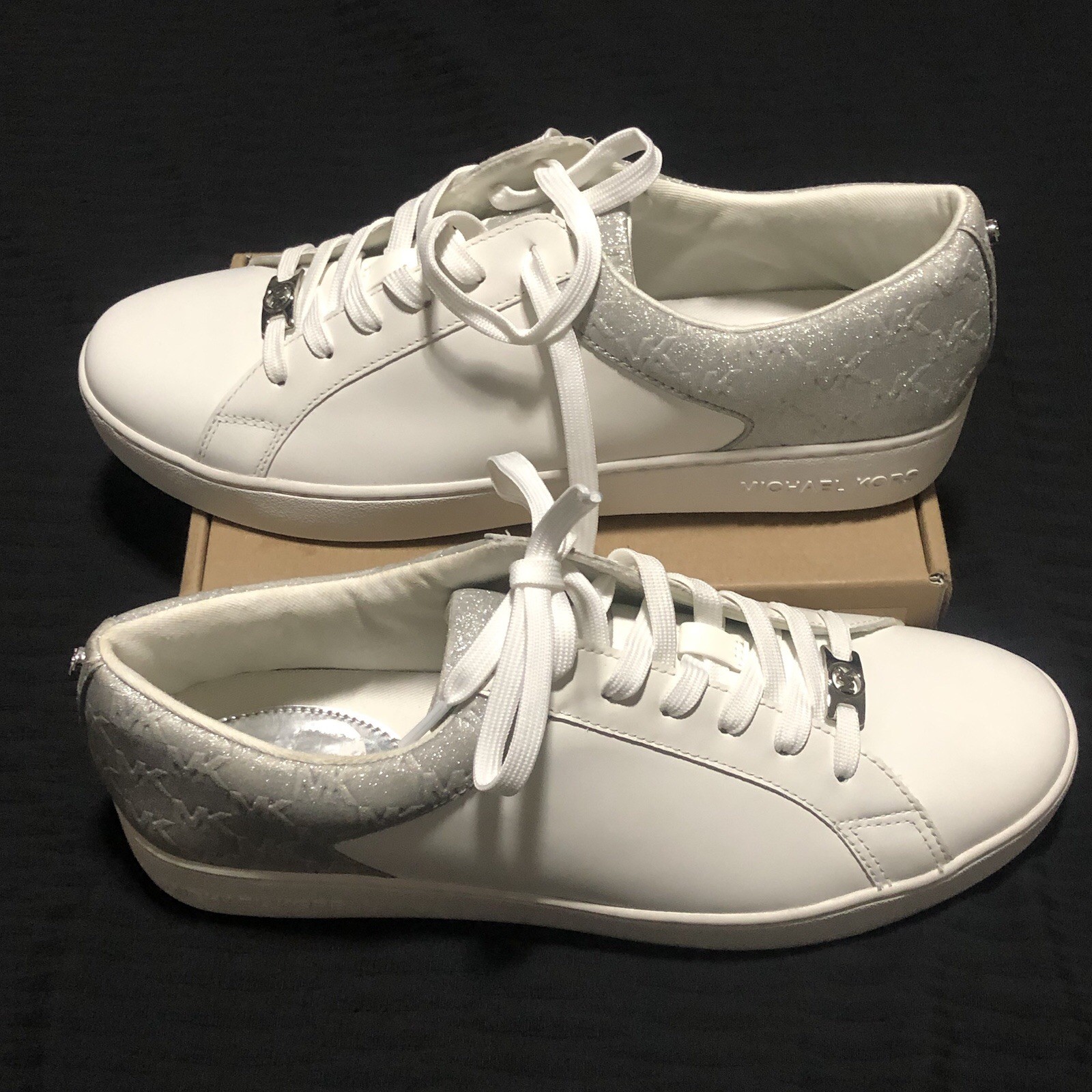 Michael Kors Keaton Low Trainers, Size 11, JC25G, Leather, White/Sliver
