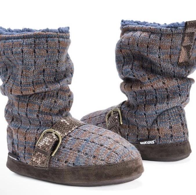 NWT Lia Bootie Slippers By Muk Luks Blue With Bronze Sequins & Thread