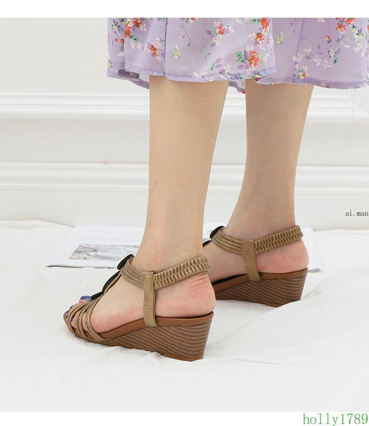 Women’s Wedge Sandals Elastic Ankle Strap Wooden Accent Open Toe Summer Shoes