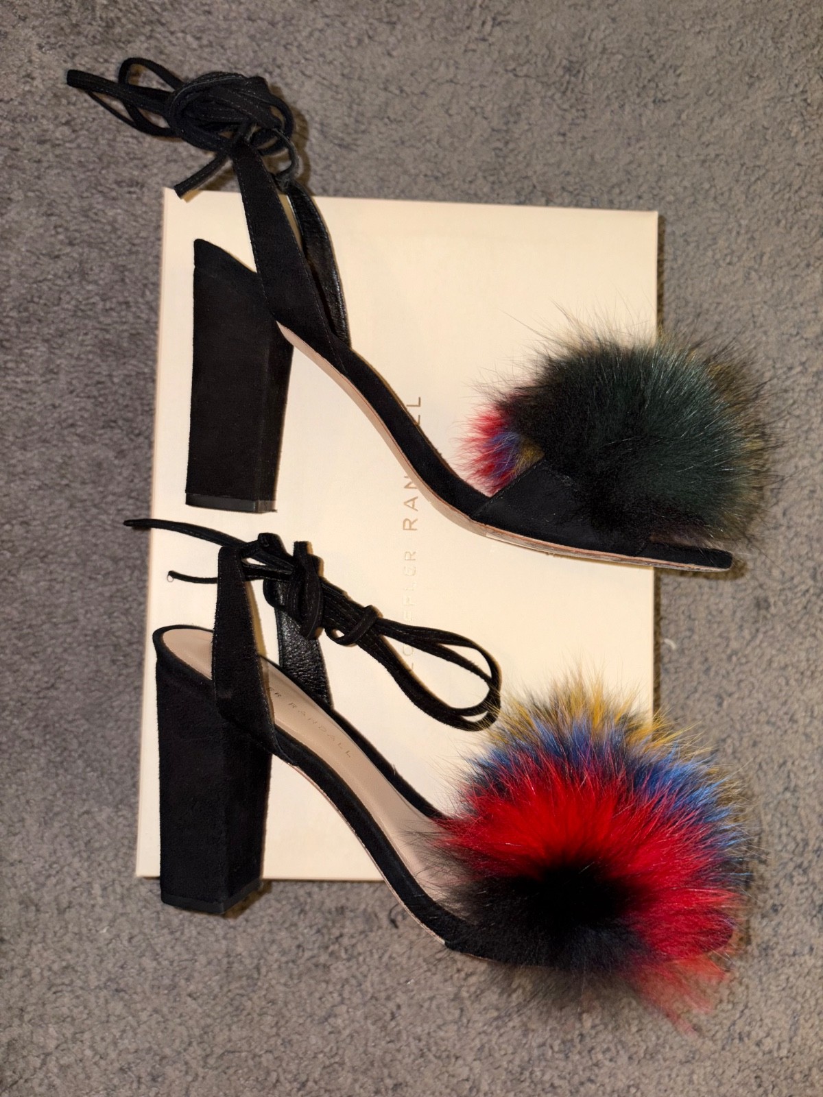 LOEFFLER RANDAL Nicolette Black Suede Fox Fur Multicolor Block Heel Sz 8.5 $495