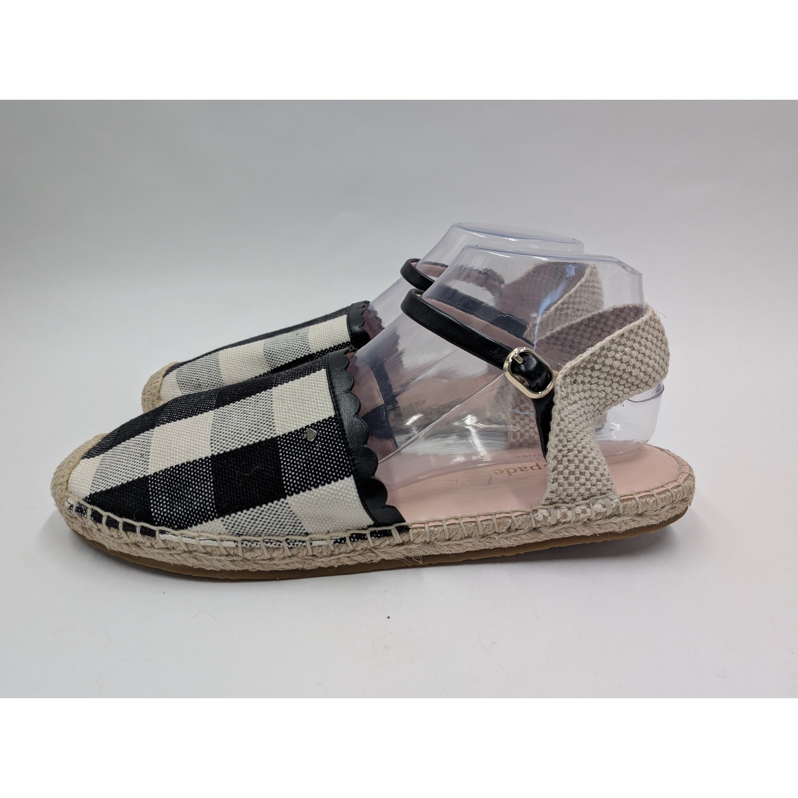 Kate Spade Bonnie Espadrille Sandals Women 10B Black White Gingham Buckle Strap