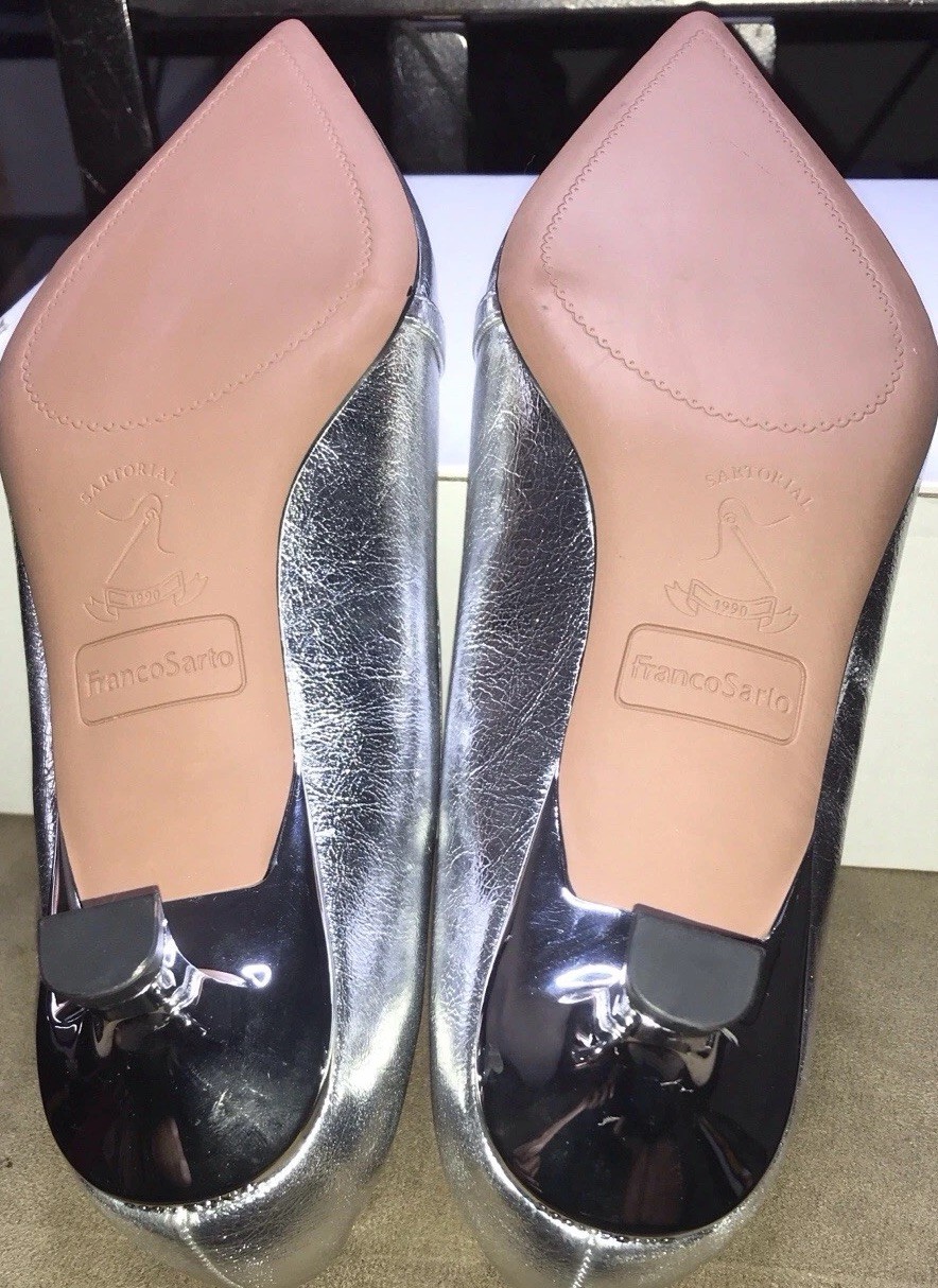 Franco Sarto Silver Leather Solid Pointed Toe Pump Heels Buckle Slip On 7M