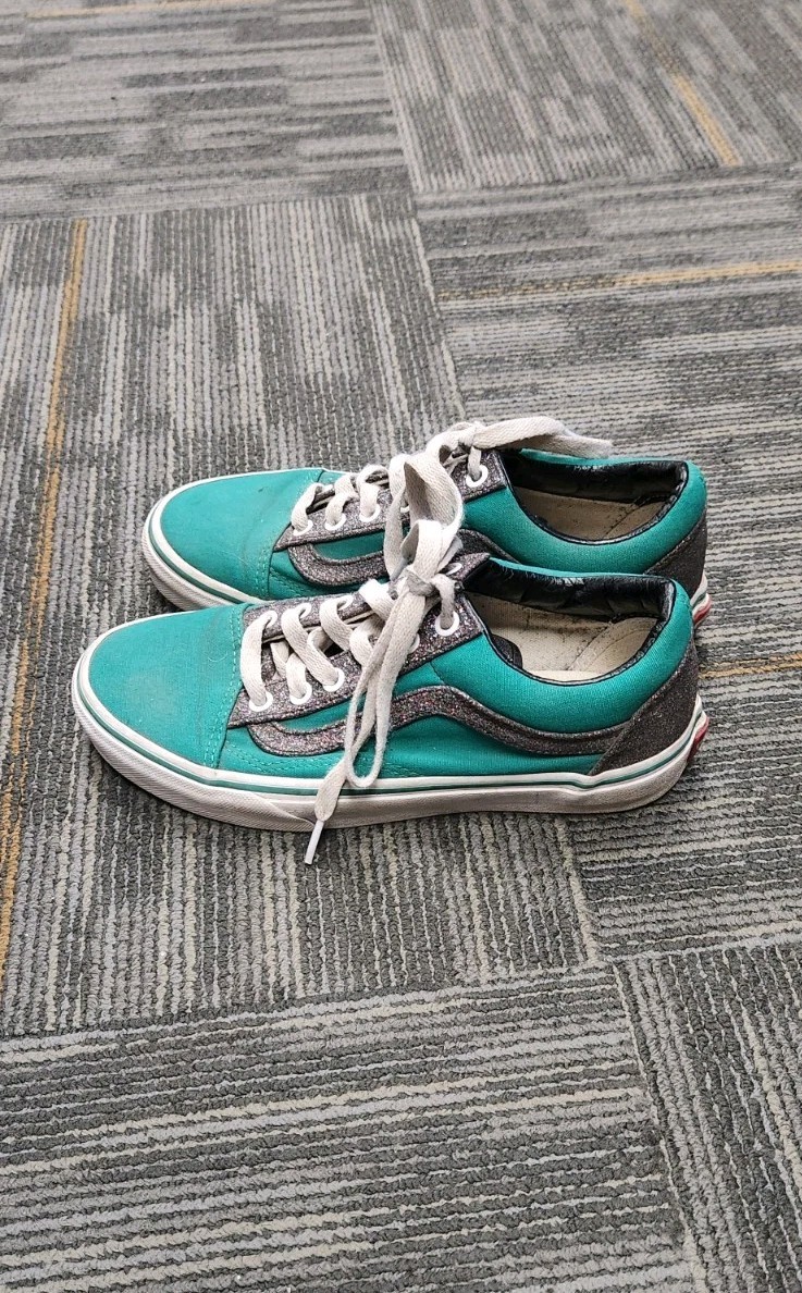 VANS Old Skool Green/Glitter Metallic Silver Low Top Sneakers Women 7.5 Men 6