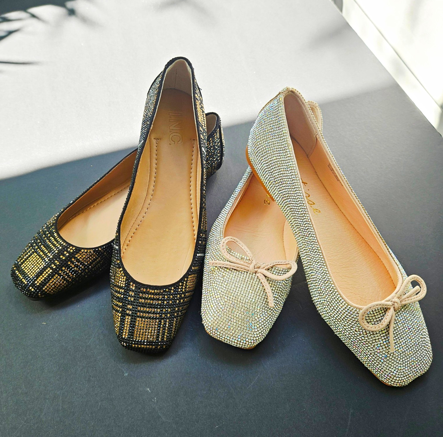 Matisse 8M & INC 7.5M Silver Black/Gold Rhinestone Ballet Flat Shoes Set Bundle