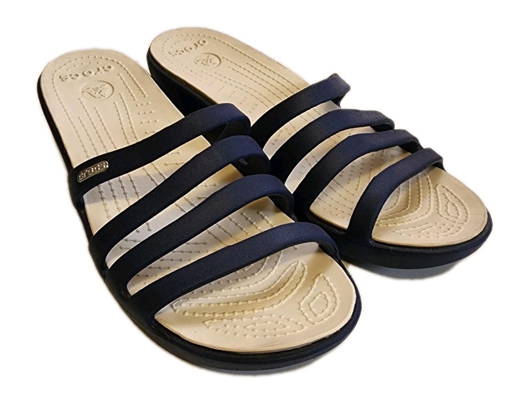 Crocs Strappy Sandals Women’s Size 10 Rhonda 2″ Wedge Navy Blue and Beige