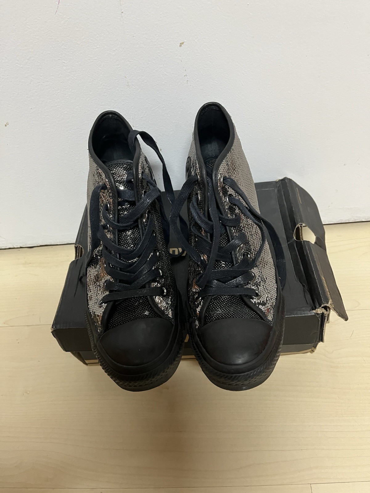 Converse Chuck Taylor High-Top Wedge Sneaker SEQUINS black silver Prom W8.5