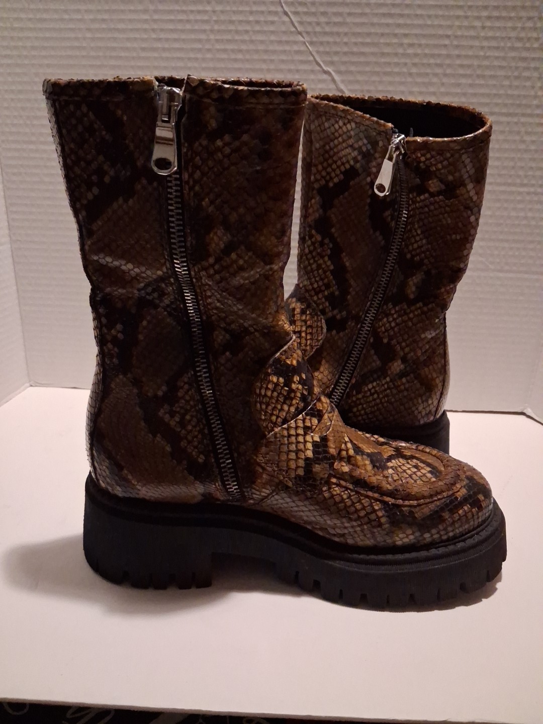 Free People Platform Boots Faux Snake Skin In Brown And Black Size 36 US 6
