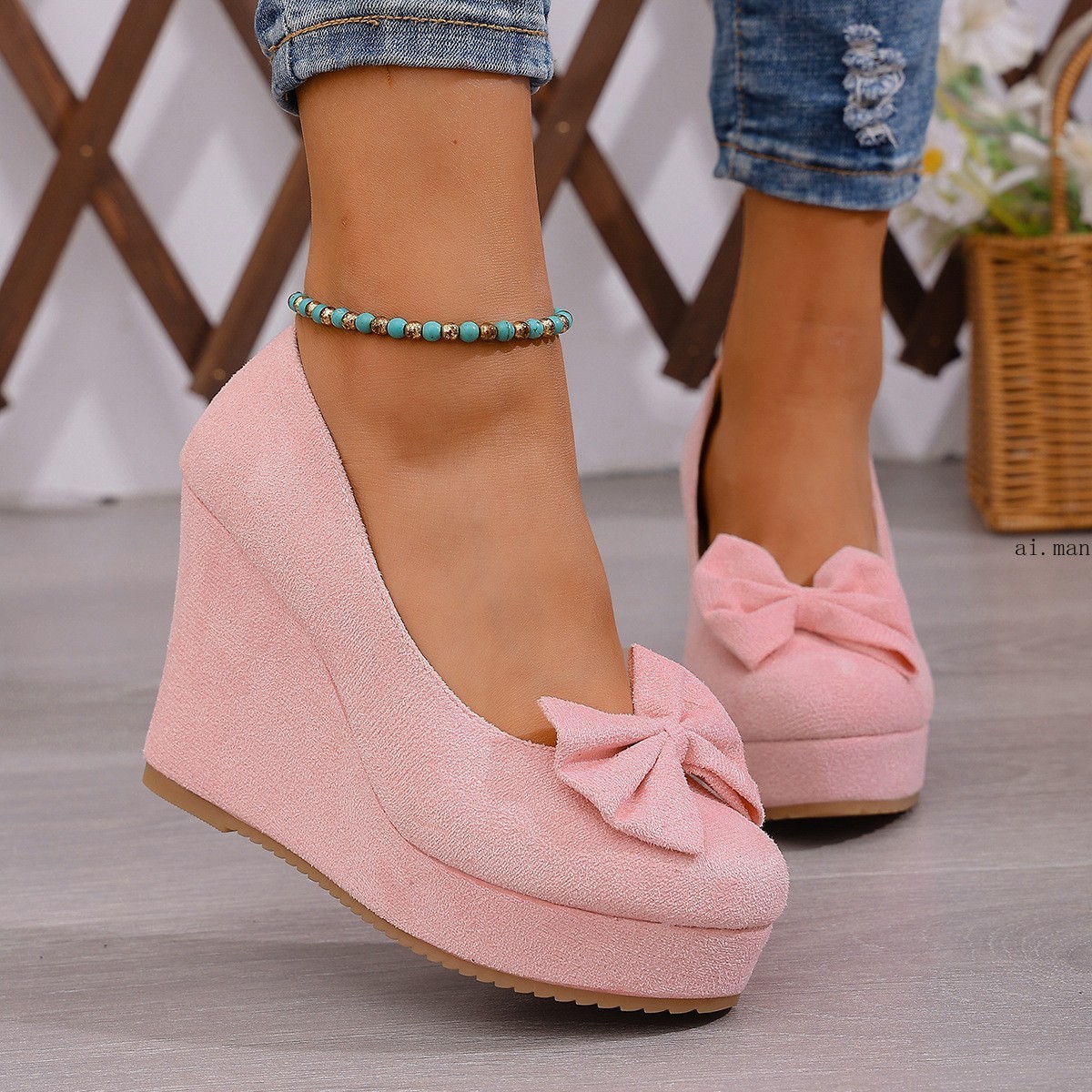 Women’s Bow-Knot Platform Wedge Pumps Slip-On Round Toe Comfort Mary Jane Shoes