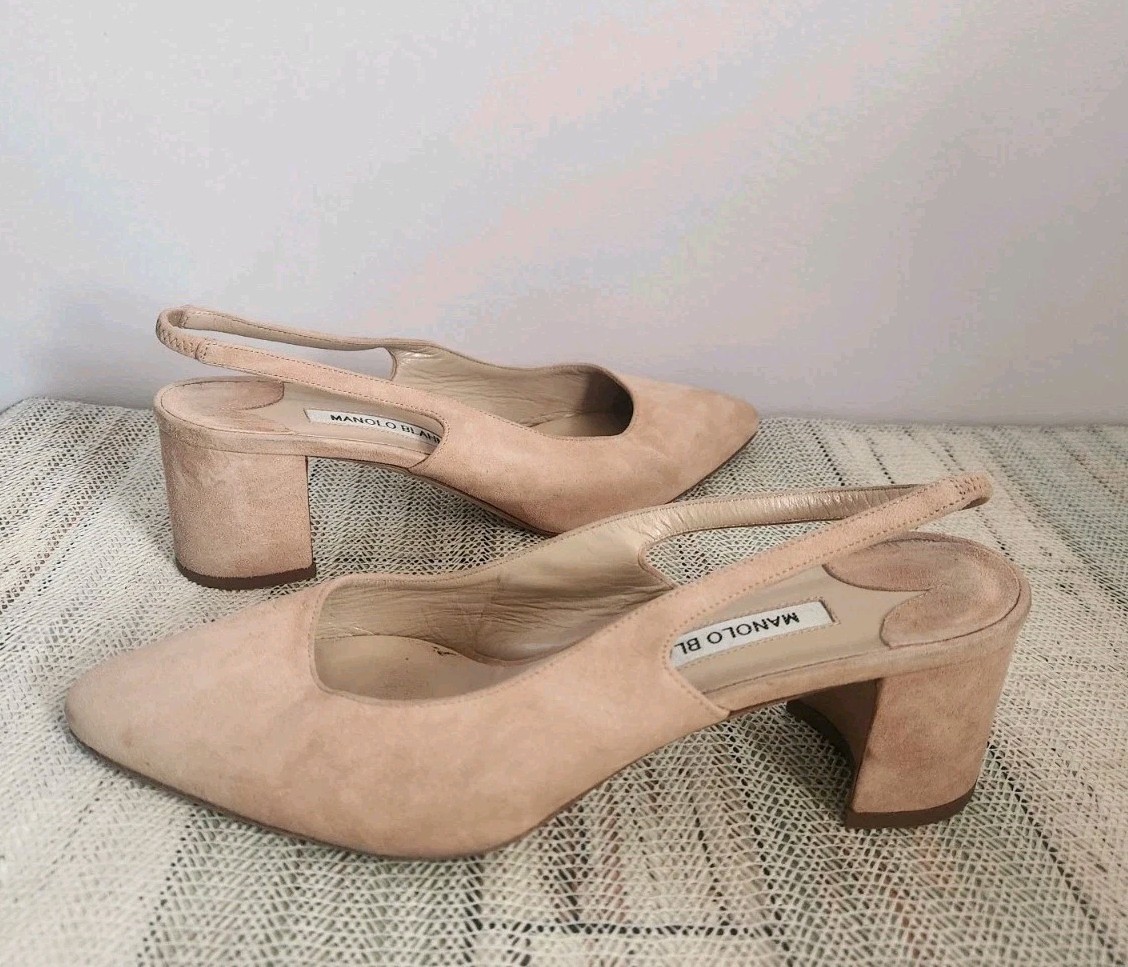 MANOLO BLAHNIK Allurasa Leather Suede Slingback Pumps Taupe Size 38/US 7.5