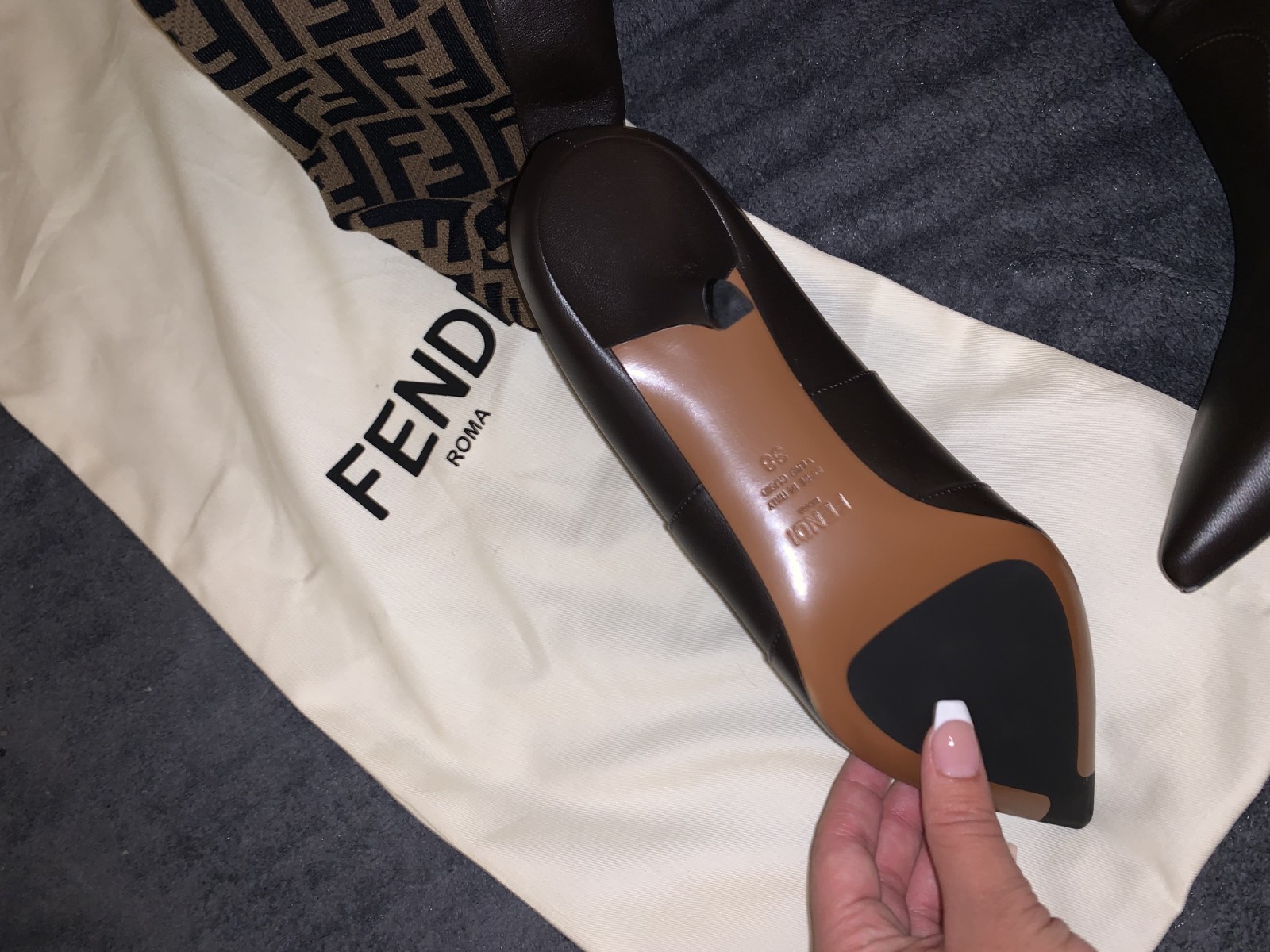 Fendi Rockoko Brown FF Logo Stretch Knit Sock Thigh High Heel Pump Boot 38 US 8