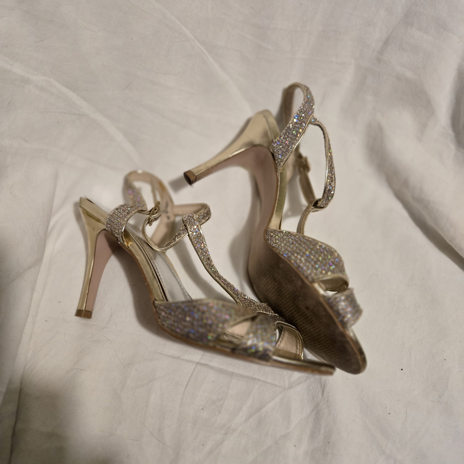 Women size 9 Gold Glitter Strappy Heels David’s Bridal Shoes Wedding Holidays