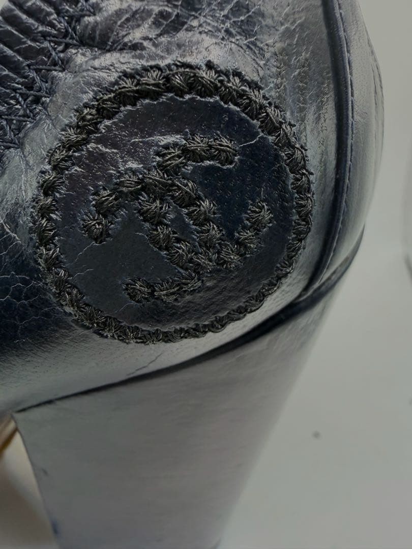 CHANEL Leather Pumps Navy 22.5cm G26185 Classic Coco Mark Design