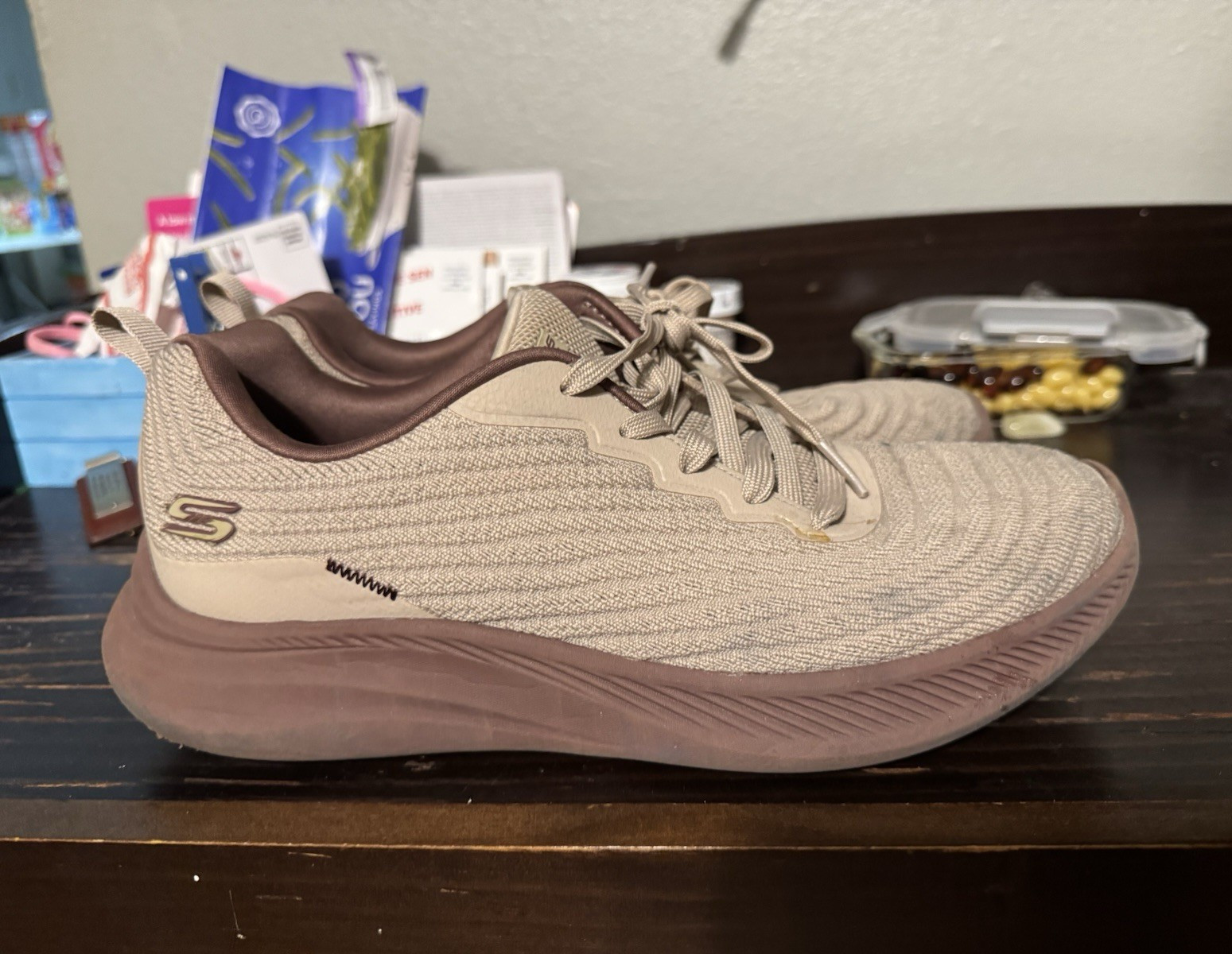 SKECHERS BOBS Women’s Memory Foam Lace-Up Low Top Textile Sneakers Beige/Brown