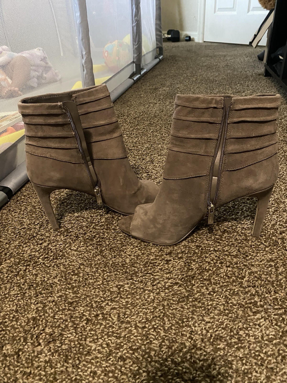 Women’s Beige Suede Peep Toe Ankle Booties Stiletto Heel Zip Zipper