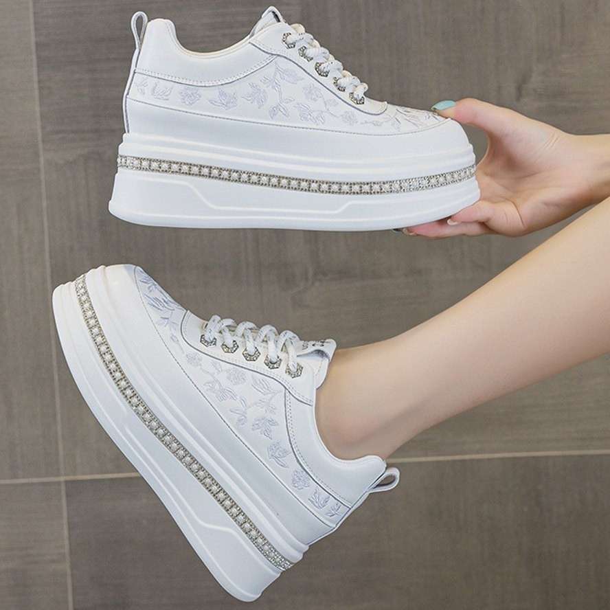 High Heel Fashion Sneaker Women Leather Platform Wedge Floral Casual Shoe Loafer