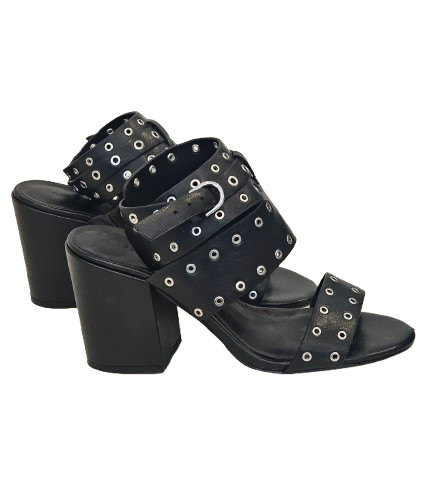 Rebecca Minkoff Black Carter Grommet Chunky Block 3.5″ Heel Sandal Size 6.5