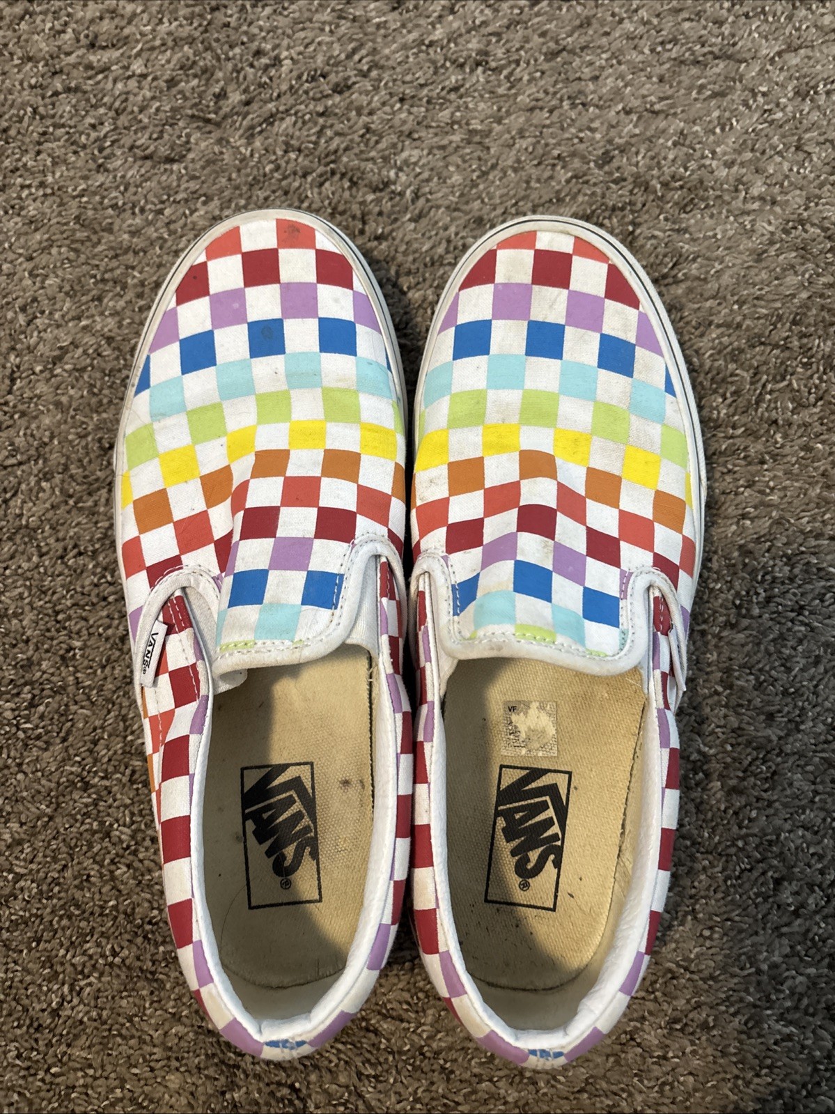 VANS Classic Slip-On Sneakers Unisex Checkerboard Pattern White/Rainbow Size 8M