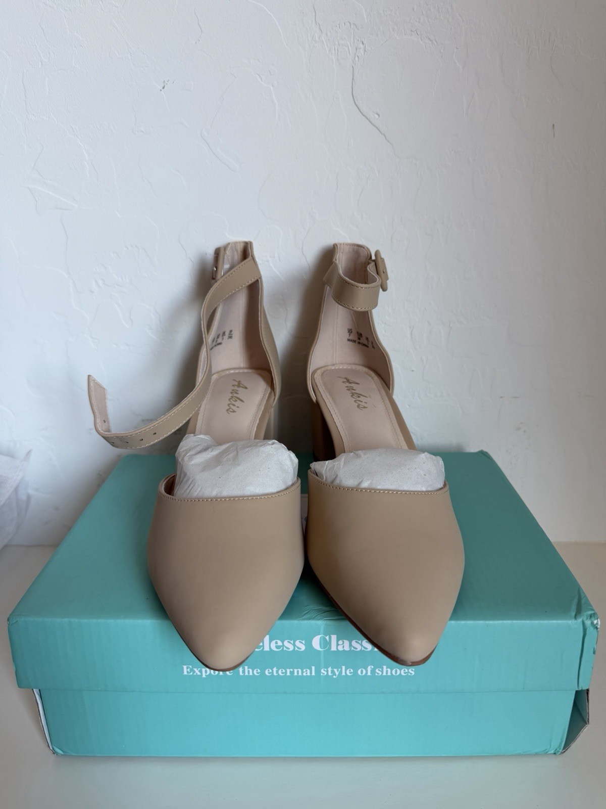 Beige Block Heels Pointed Toe Women Shoes Size 7 Ankle Strap Nude Wedding Office