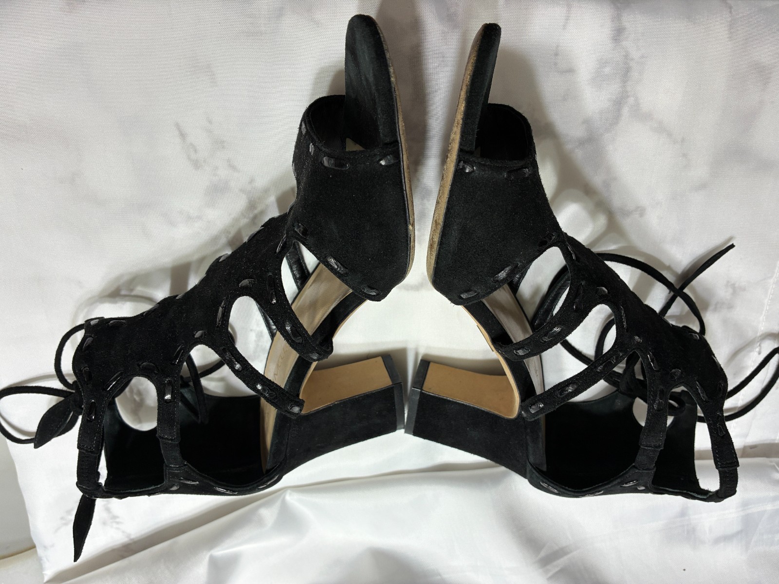 ITALY SUEDE SANDALS IN BLACK CUT-OUTS ANKLE LACE UP 39 8.5 TAMARA MELLON 3″ HEEL