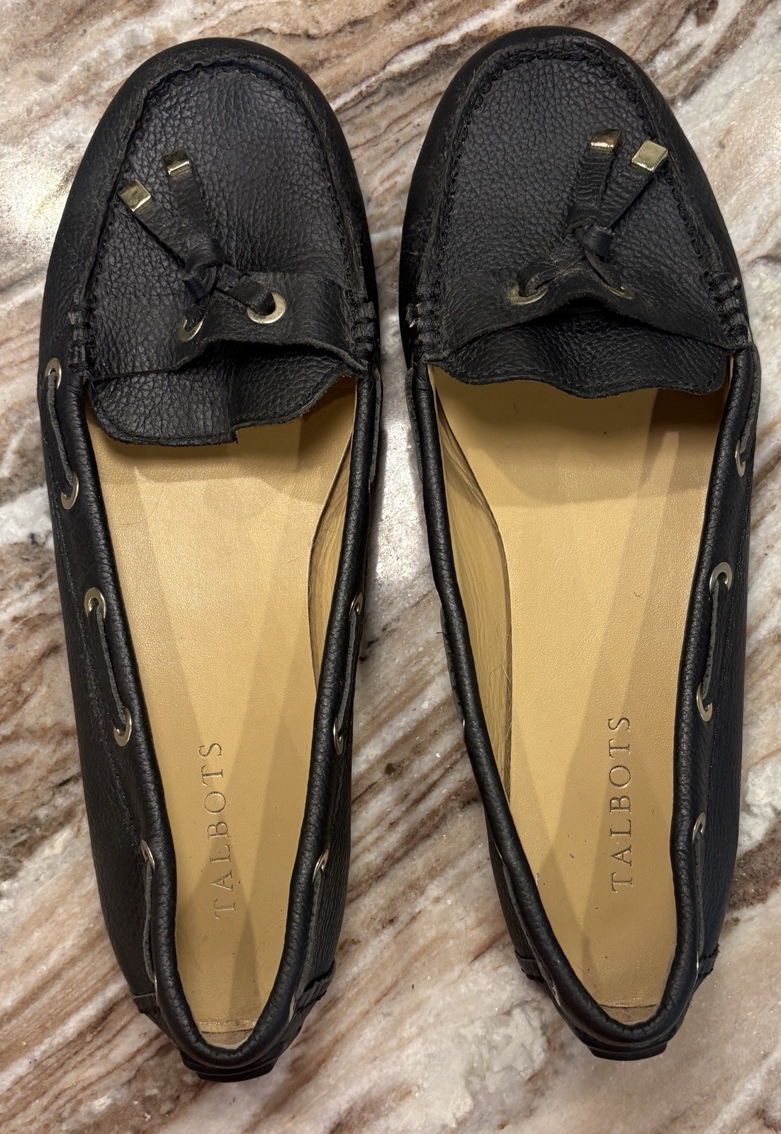 Talbots Becca Tie Driving Moccasins Shoe Pebbled Leather Black Loafer SZ 9.5