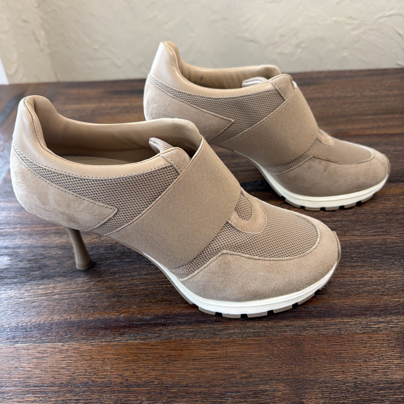 Sneex Womens Suede Slip On High Heels Sneakers Shoes Beige Size 8
