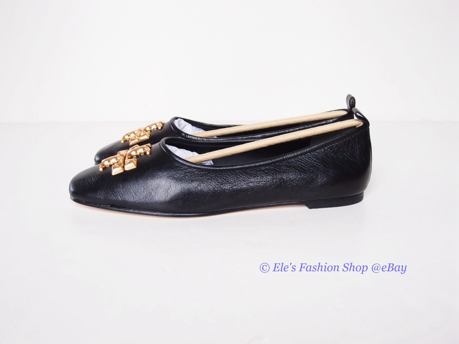 NIB Tory Burch Eleanor Ballet Leather Flat BLACK Gold US 8 8.5 9 AUTHENTIC