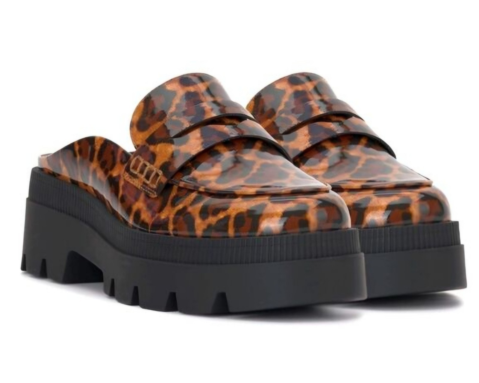Jessica Simpson Uma Leopard Patent Platform Loafer Mules Chunky Lug Sole Sz 7.5M