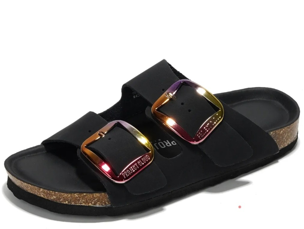 Project Cloud Women’s Black Leather Double Strap Buckle Slide Sandals Flat US 6