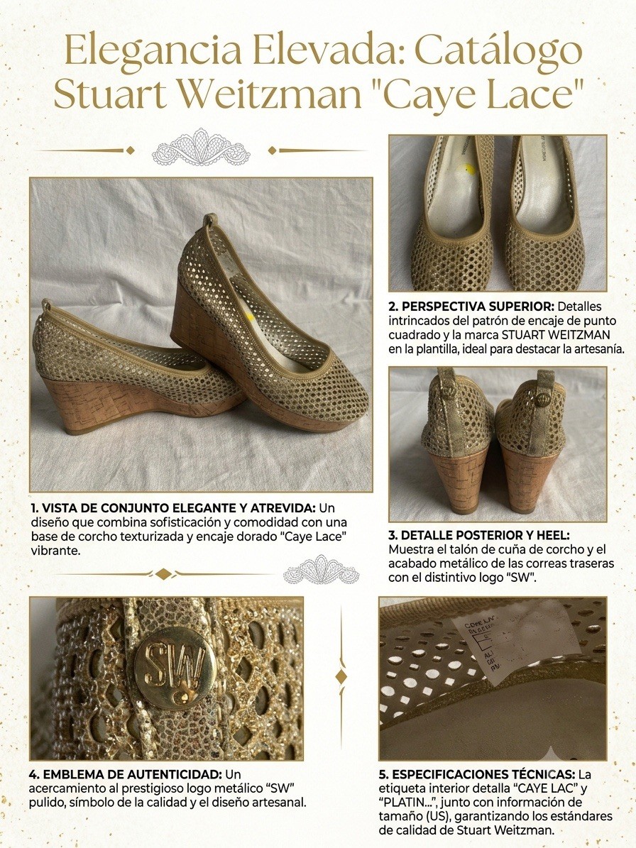 Stuart Weitzman Caye Lace Beige Woven Cork Wedge Pumps Women’s