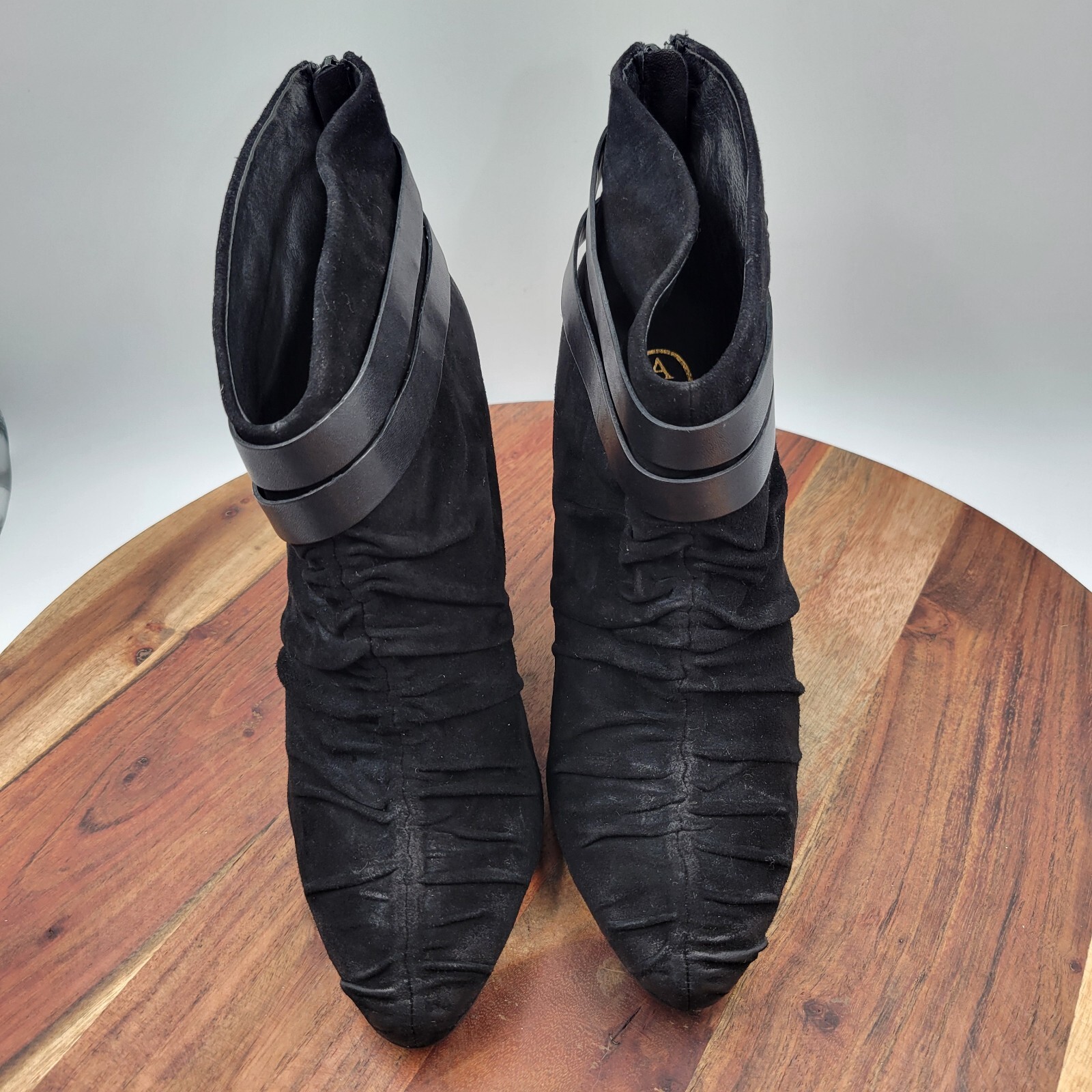 ASH Ankle Boots Womens 40 / 9.5 Black Suede Buckle Strap Heel Pointed Zip Bootie