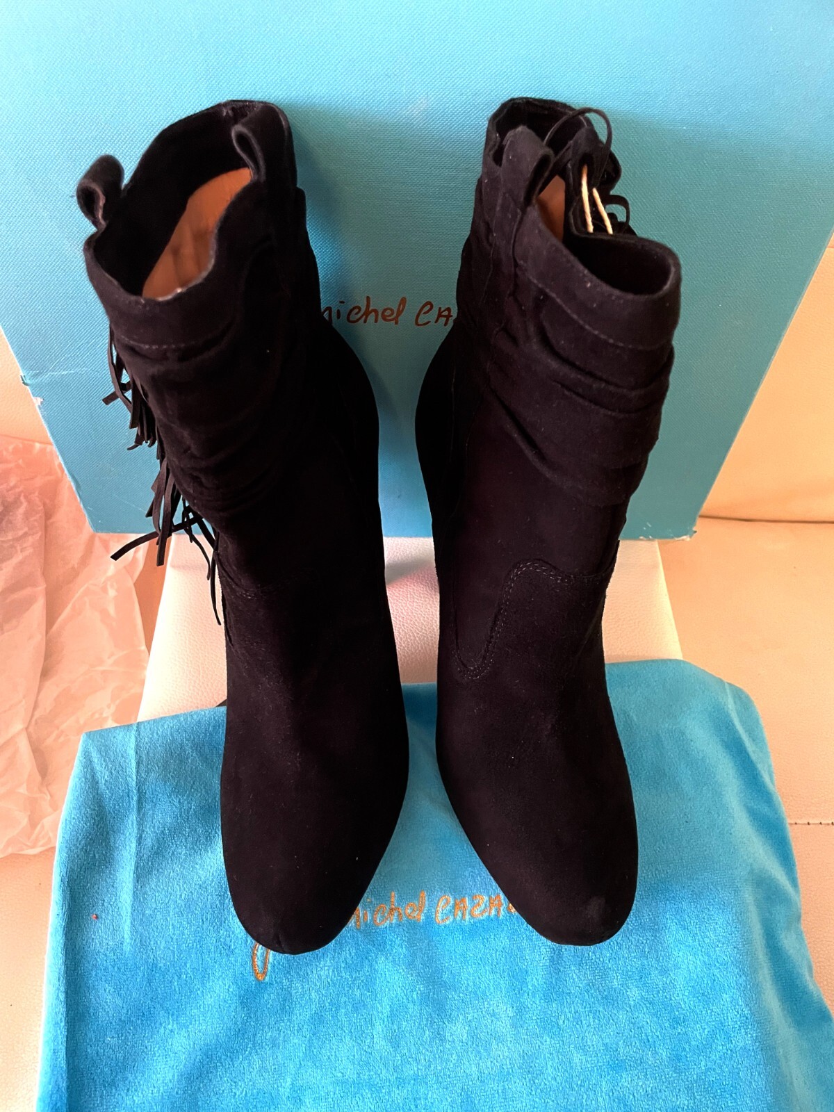 JEAN-MICHEL CAZABAT Suede Fringe Trim Accent Ankle Booties (EU37)