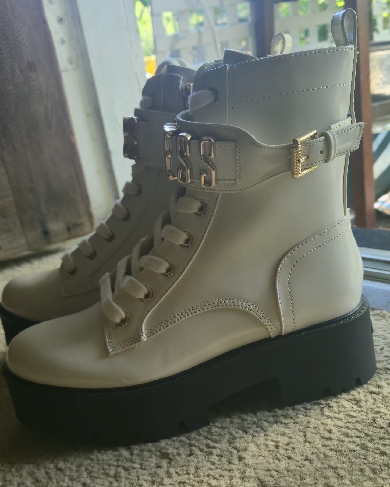 GUESS Women’s Combat Ankle Boots Lace-Up Side Zip Logo Buckle Lug Sole