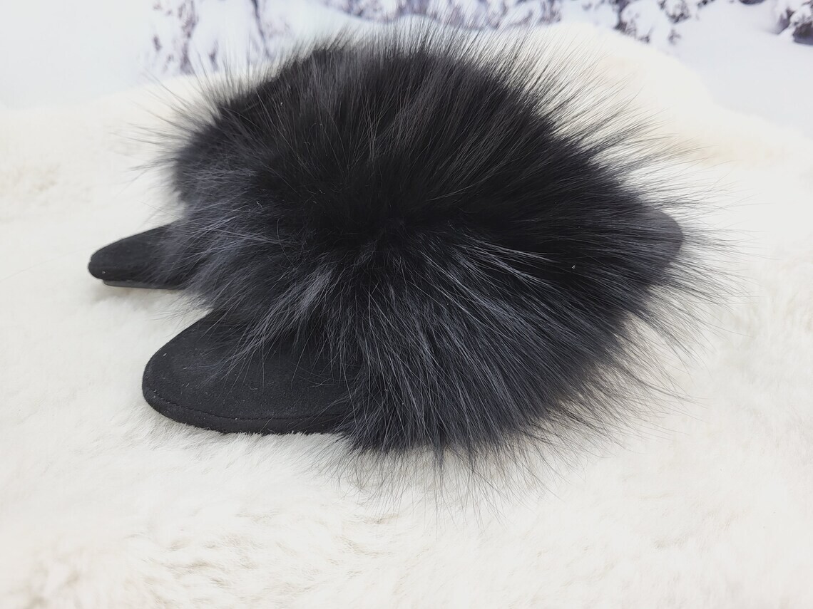 Women black fox fur leather house slippers Open toe home shoes Gift for women