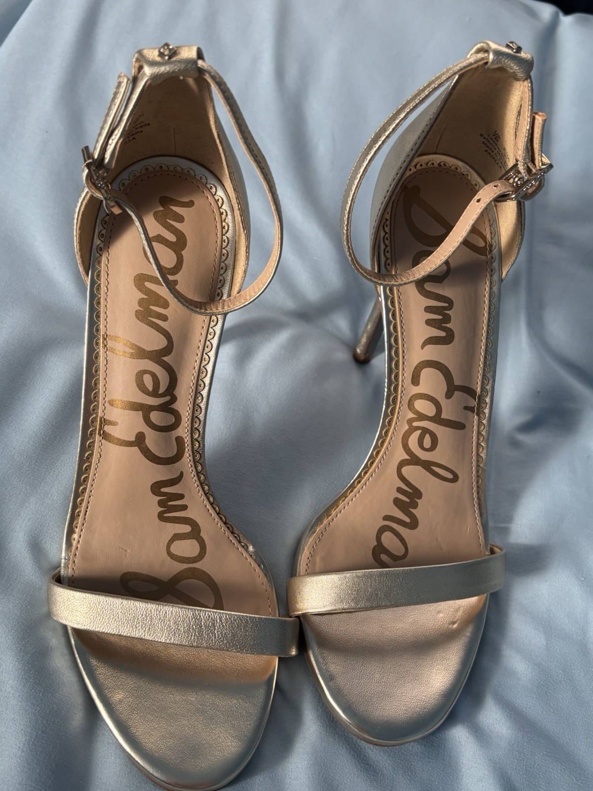 Sam Edelman Ariella Gold Leather Open Toe Stiletto Ankle Strap Heels US 7