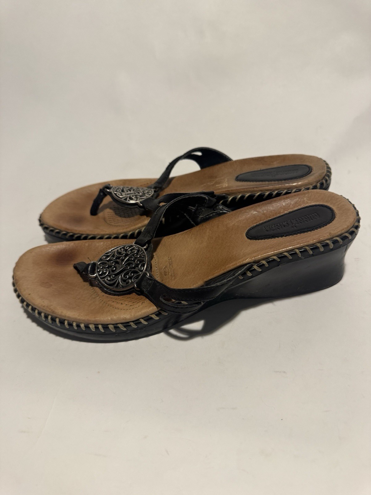 Minnetonka Leather Cushioned Slide On Western Wedge Sandal Size 10Silver Buckles