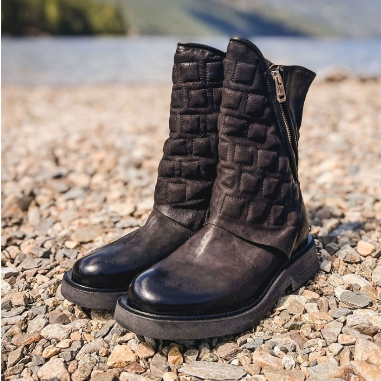 Women’s A.S.98 Neo Black Leather Quilted Biker Zip Mid-Calf Boots EU 38 US 8