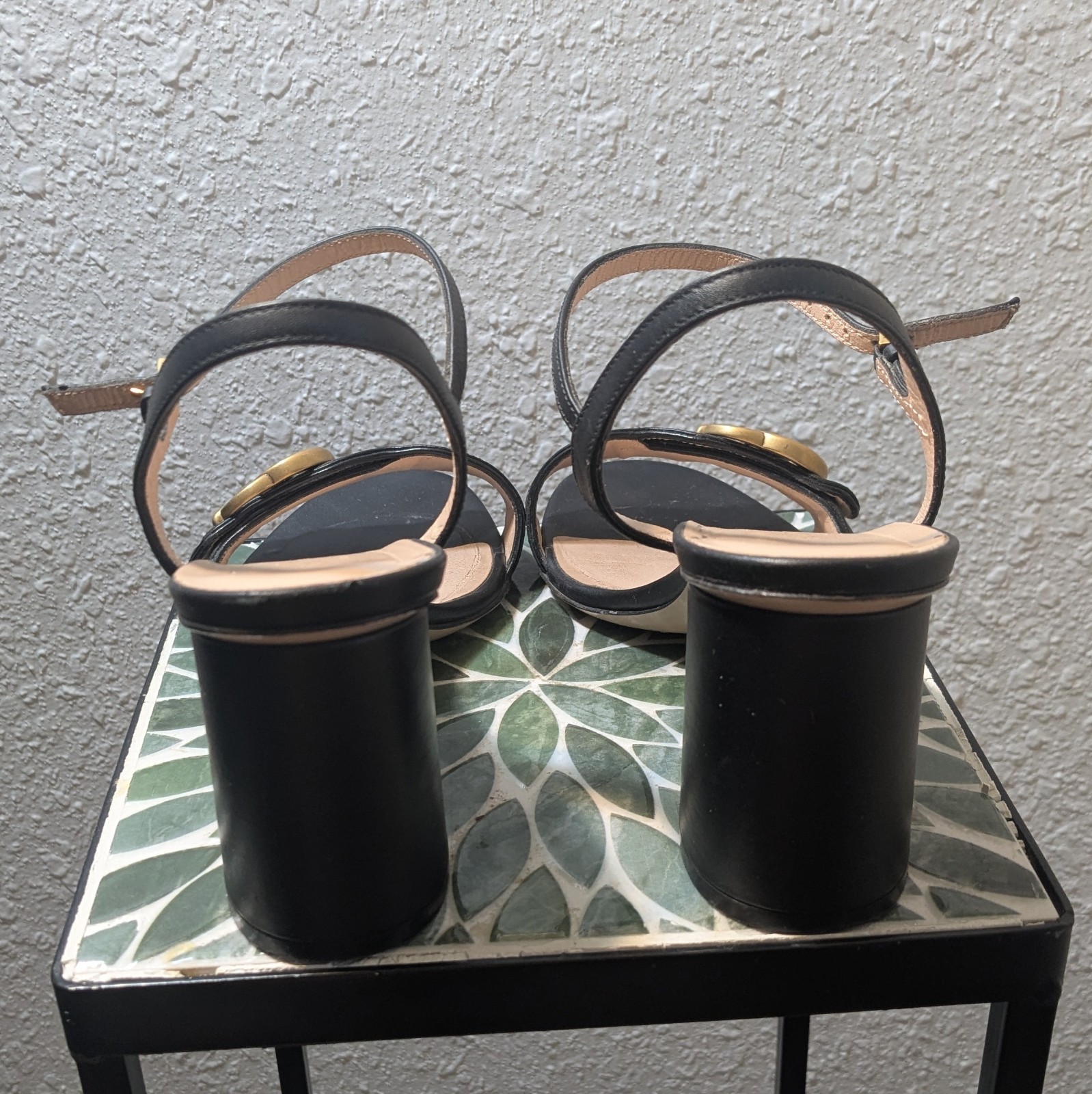 Pre-Owned Gucci Marmont GG Black Leather Mid Heels Size US 6.5 EU 36.5