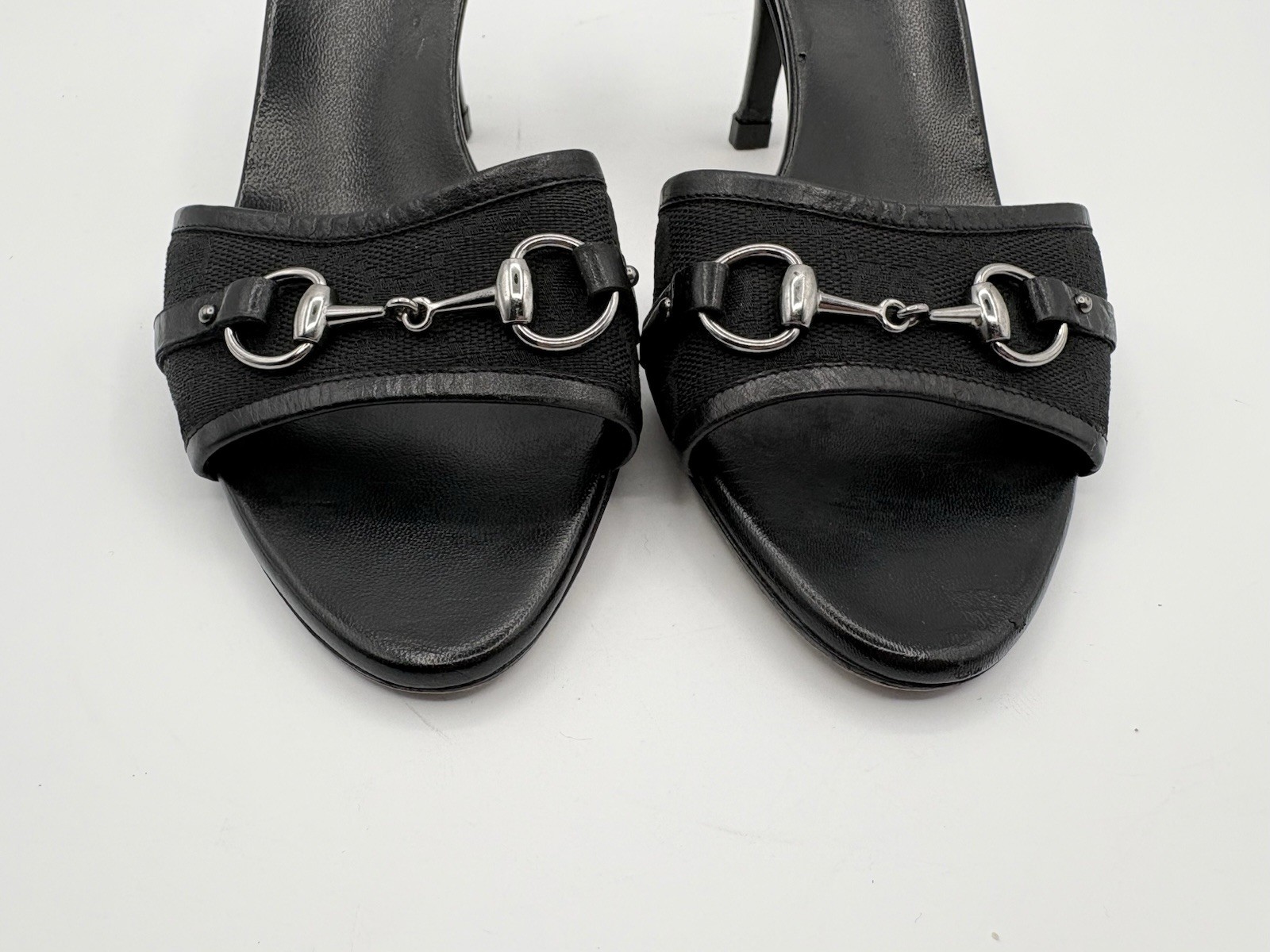 Gucci Black Leather Mules Canvas GG Logo Silver Horsebit Heels Y2K Size EU 35.5
