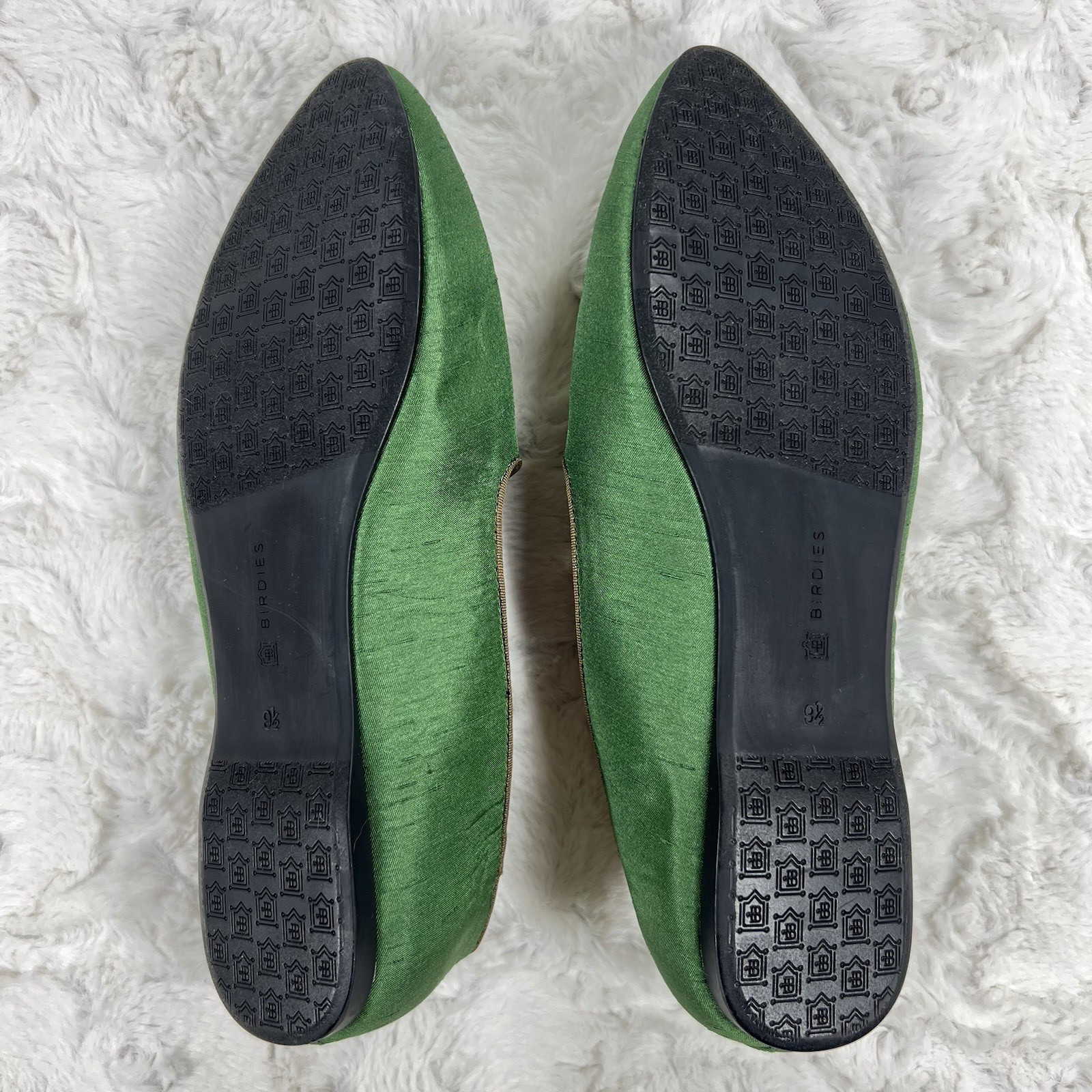 Birdies x Ken Fulk Leopard Satin Slipper Shoes Flats Women 9.5 Emerald Green Art